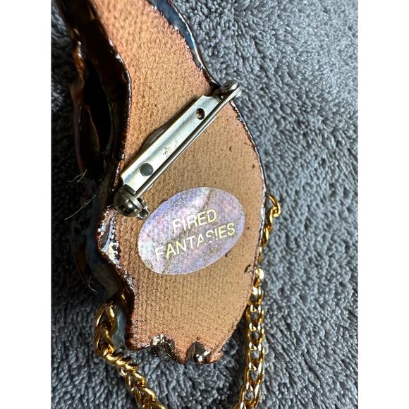 Fired Fantasies Brooch Pin Clay Chain Gold Tan Green Brown Leaves Vtg Handmade - Picture 3 of 6